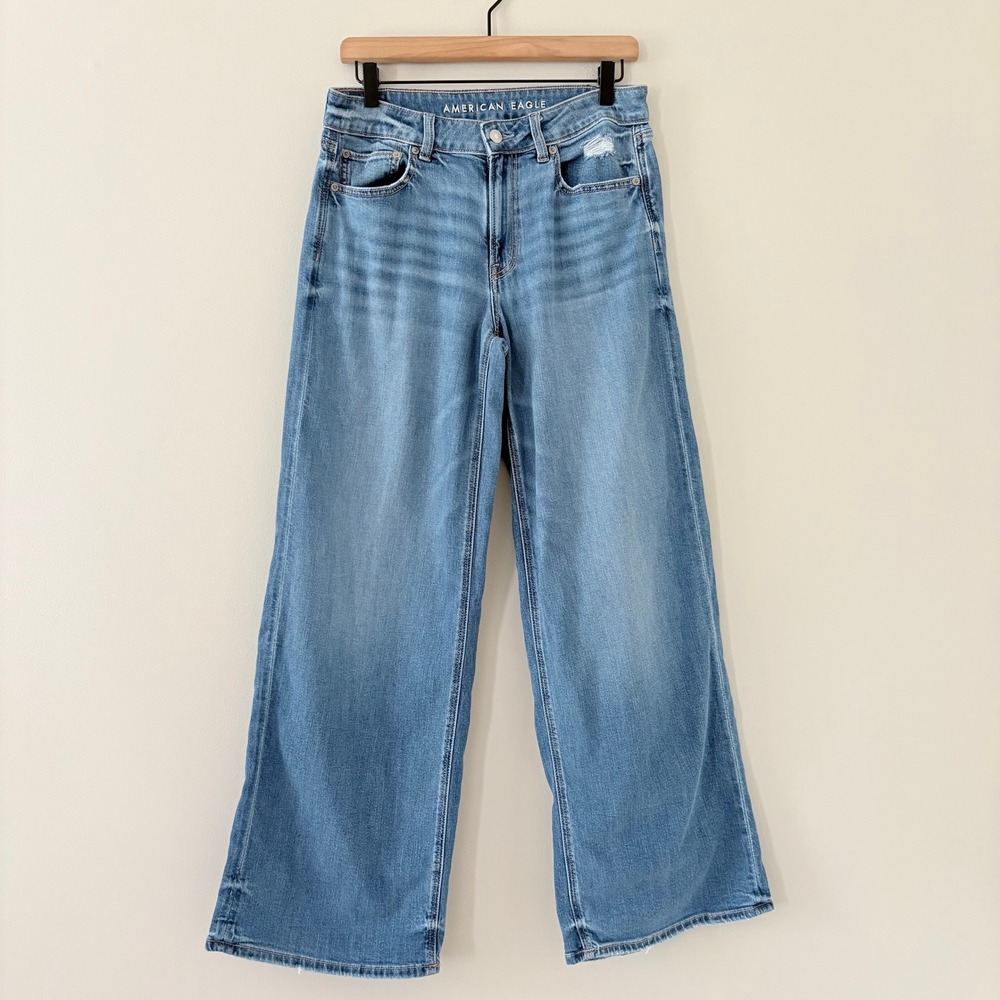 American Eagle Jeans Low-Rise Baggy Wide Leg 6 Long Blue Distressed Y2K Skater